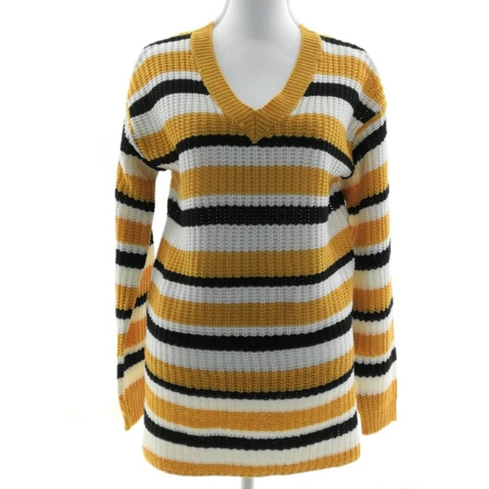L.A. Gold Striped V Neck Sweater Large Mustard Black White Cozy Knit Pullover